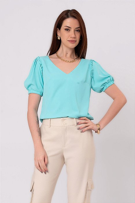 BLUSA CREPE MANGA CURTA AZUL TURQUESA RAVENA