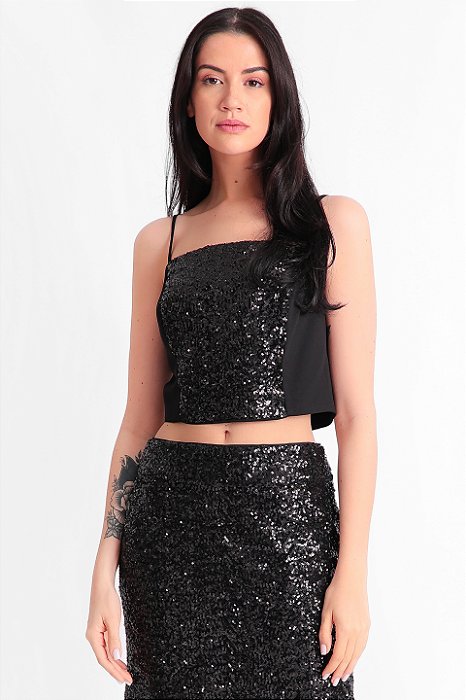 CROPPED CREPE PAETE GLAM PRETO