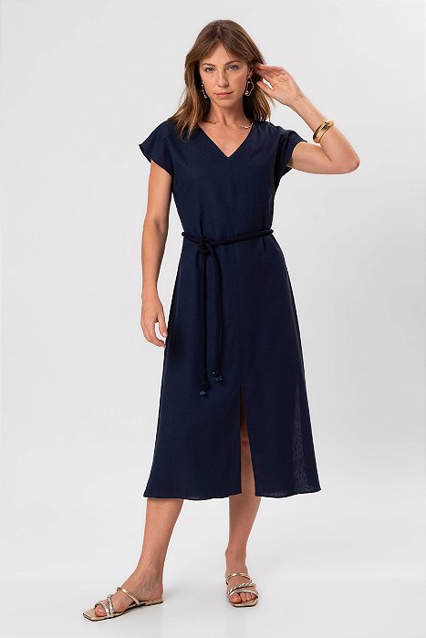 VESTIDO MIDI AZUL MARINHO LINHO WASHED SUSI