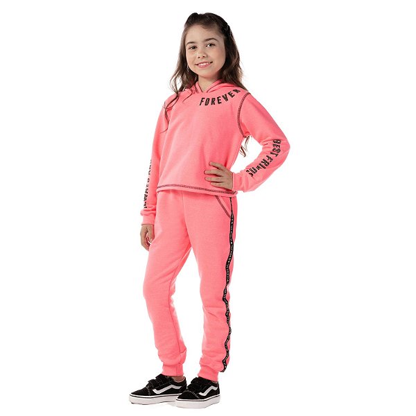 Conjunto infantil de moletom inverno blusa e calça rosa neon