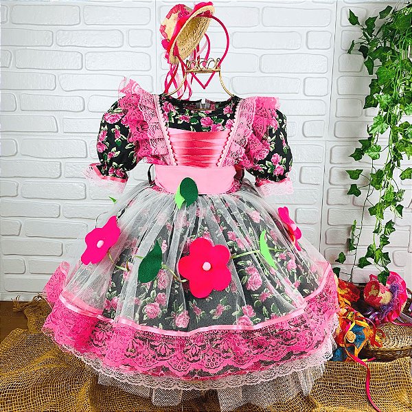 Vestido de festa junina infantil floral rosa e preto
