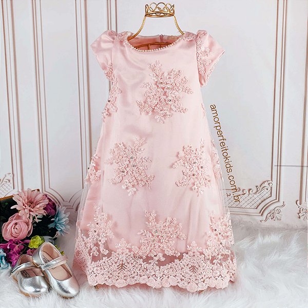 Vestido de festa infantil Petit Cherie renda bordada com pérolas luxo rosa