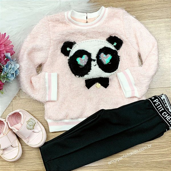 Blusa infantil Petit Cherie de bebê de pelinho rosa com panda