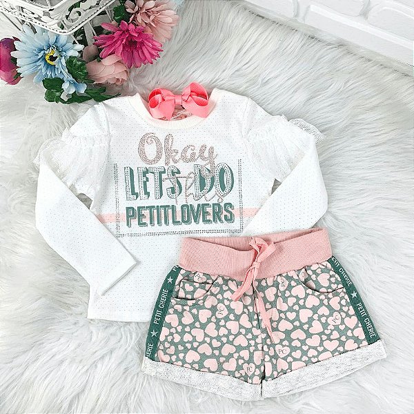 Conjunto infantil Petit Cherie inverno blusa e shorts coração rosa