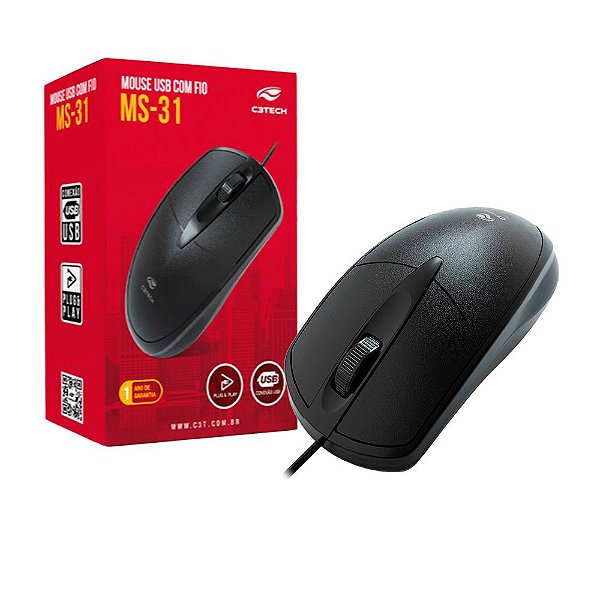 Mouse USB com Fio 3 botões MS-31 C3T Preto NF 1 ano garantia