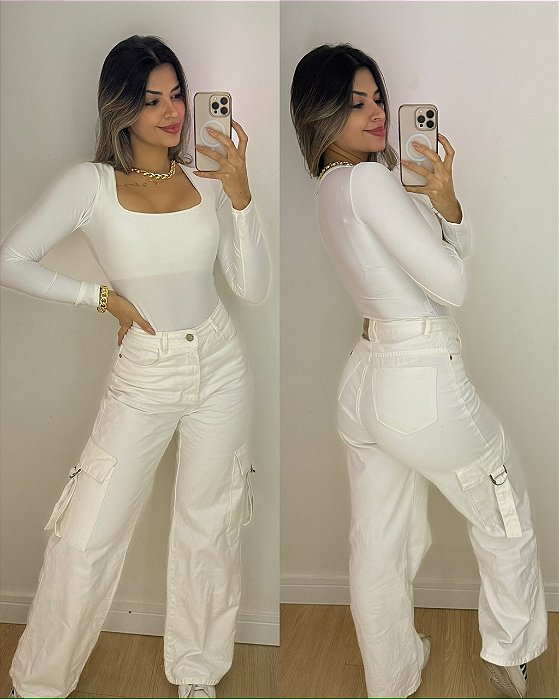 Calça Jeans Fem Wide Cargo Off White