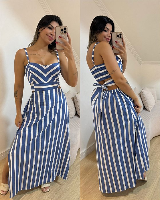 Vestido Katy Listrado Azul Escuro