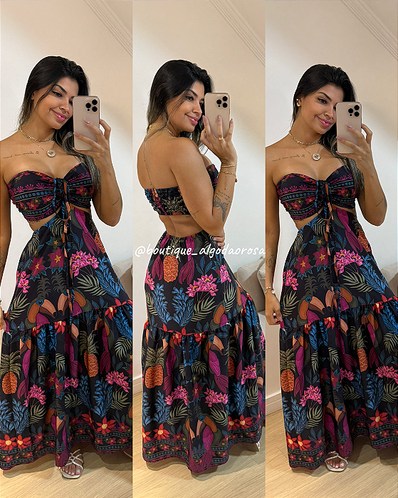 Vestido Lily Preto Folhas Coloridas