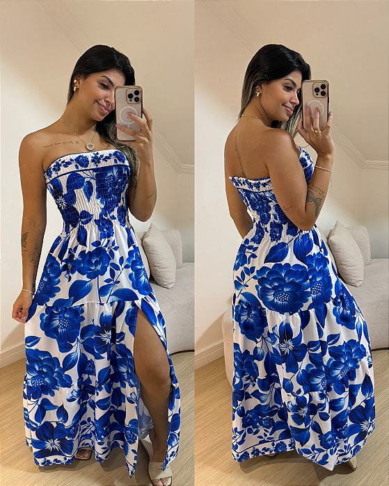 Vestido Alicia Flores e Folhas Azul