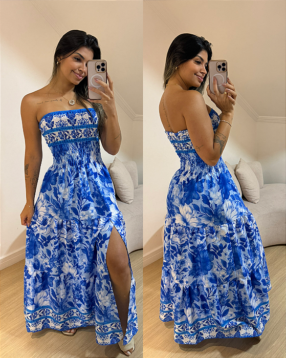 Vestido Alicia Flores e Folhas Azul Claro