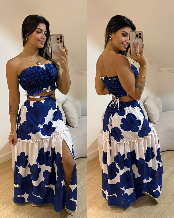 Conjunto Dandara Estampa Flor Azul escuro