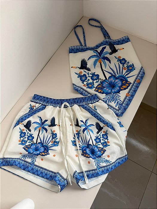 Conjunto Tropical Branco com azul