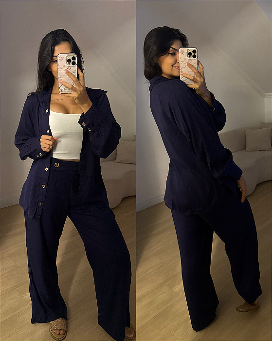 Conjunto Bárbara Azul Camisa + Calça