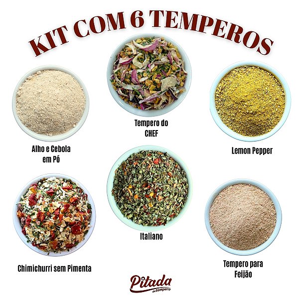 Kit Tempero p/ Feijão, Tempero do Chef, Tempero Italiano, Chimichurri, Lemon Pepper,  Alho e Cebola em Pó