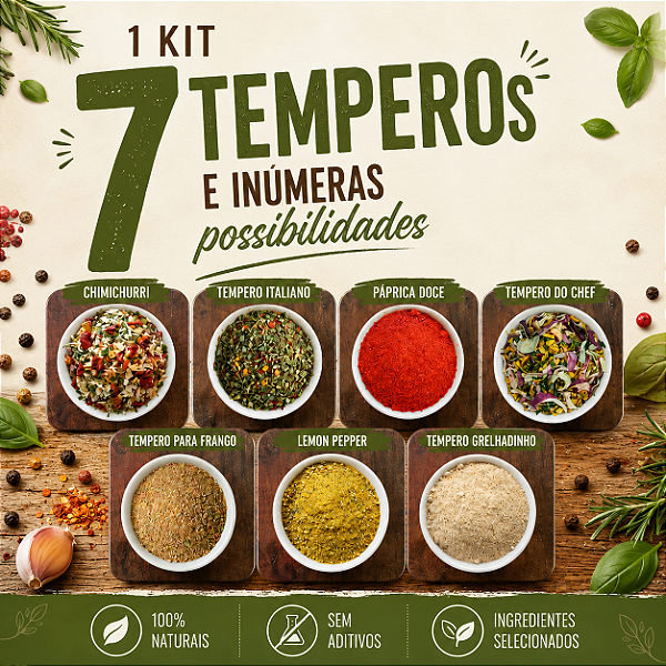 Kit Páprica Doce + Lemon Pepper + Tempero do Chef + Chimichurri + Grelhadinho + Tempero Italiano + Tempero Frango Assado
