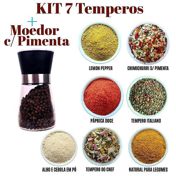 Kit Moedor, Lemon Pepper, Páprica Doce, Chimichurri, Tempero do Chef, Natural para legumes, Alho e Cebola em Pó, Tempero Italiano, Pimenta Preta