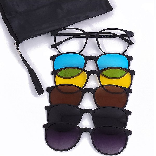 Armação Óculos Receituário e Sol Zen Clipon Com 5 Lentes Preto