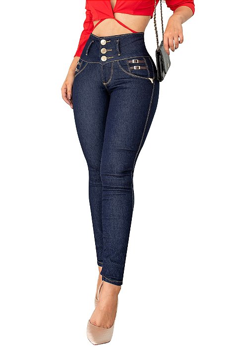 Calça Jeans Feminina Detalhes Fivela Cós Alto Modelador