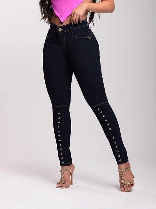Calça jeans empina bumbum com cós alto modelador de cintura