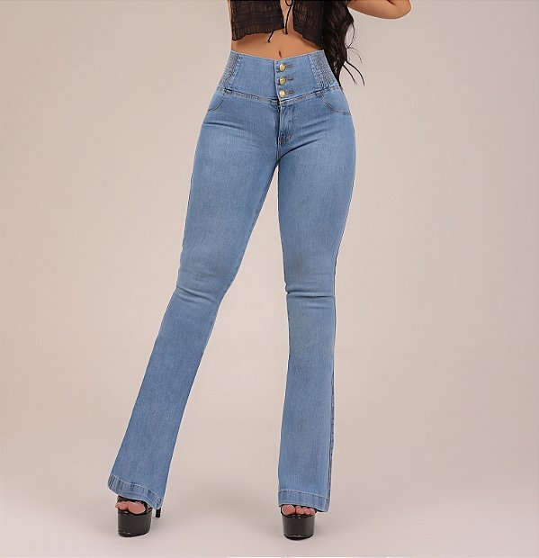 Calça Jeans Feminina Flare Elastico Na Cintura Cós Largo Botões