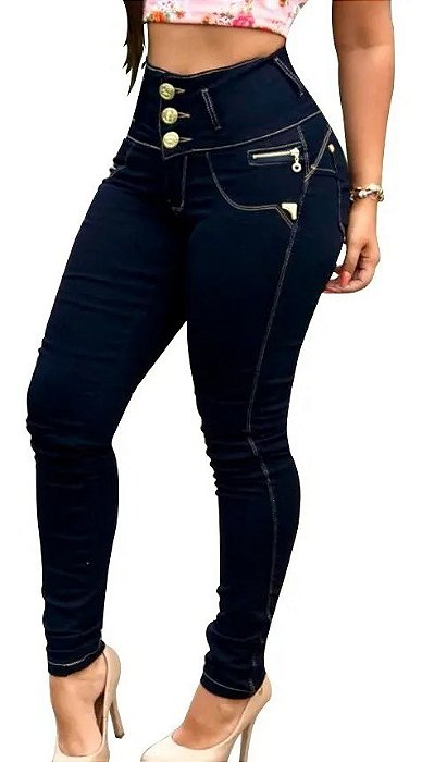 Calça Jeans Feminina Detalhes Fivela Cós Alto Modelador