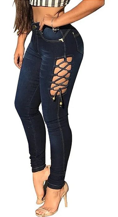 Calça Jeans Com Licra Feminina Sknny Cintura Alta Cos Alto