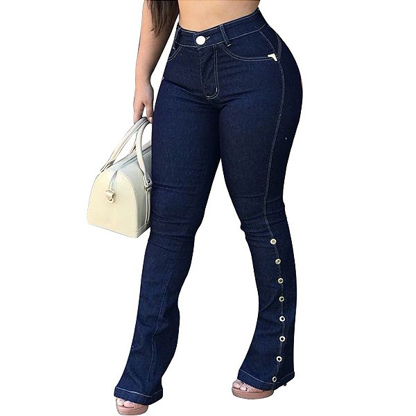 Calça Jeans Feminina Flare Cos Alto Cintura Alta Barra Desfiada - Azul
