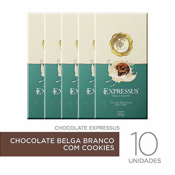 kit c/10 Barras de Chocolate Belga Branco com Cookies