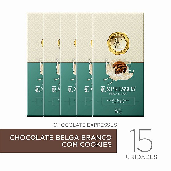 kit c/15 Barras de Chocolate Belga Branco com Cookies