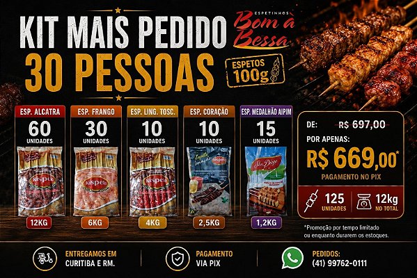 Kit Espetinho 30 Pessoas Carnes Variadas