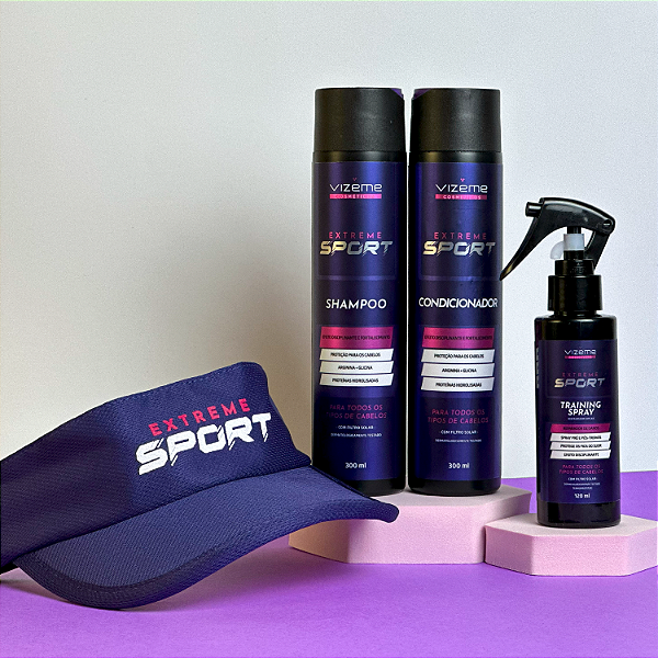 Kit Shampoo, Condicionador, Training Spray pré ou pós treino + Viseira Extreme Sport  (4 Produtos) - Transpire a saúde de fios fortes!