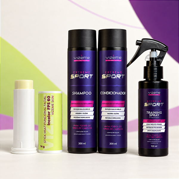 Kit Sport Vizeme: Stick Multifuncional Facial Incolor FPS 60 14g + Shampoo, Condicionador & Spray Training Extreme Sport (4 produtos)