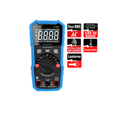 Multímetro Digital CAT III-600V com Detector de Tensão sem Contato True RMS AC Minipa  ET1505A