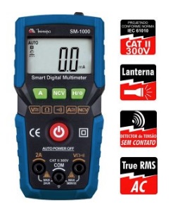 Multímetro SMART Digital 4000 contagens / 3‐3/4 ‐ CAT II 300V / TRUE RMS / tensão e corrente AC/DC /Lanterna / NCV / 2A
