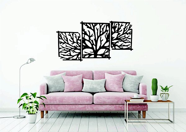 Quadros Decorativos 3 Peças  Árvore em PS Branco 150 x 79 CM