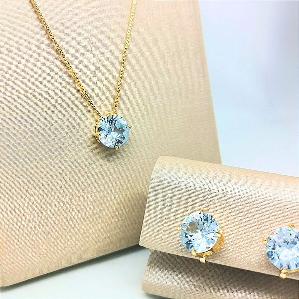 Conjunto de Elegância Cor Cristal | Brinco de Pressão e Colar com Zircônia Redondo - Banho Ouro 18K e Prata 925