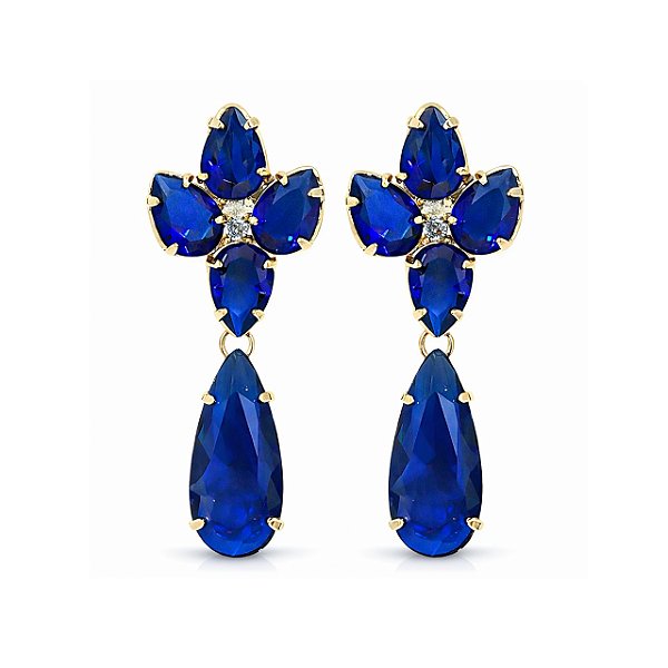 Brinco de Pressão BP Accessories - Zircônias Azul Safira Gota e Pingente Alongado - Luxo em Ouro 18K