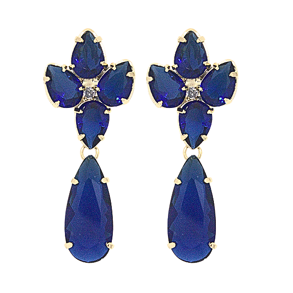 Brinco de Pressão BP Accessories - Zircônias Azul Safira Gota e Pingente Alongado - Luxo em Ouro 18K