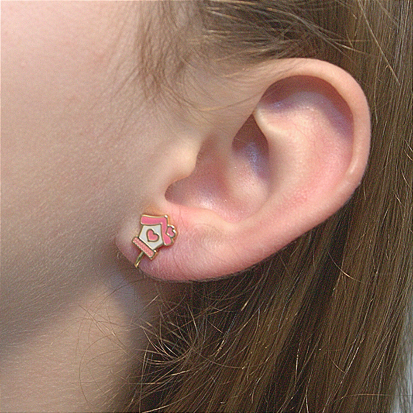 Brinco de Pressão Infantil BP - Casinha Rosa em Banho Ouro 18K ou Prata 925