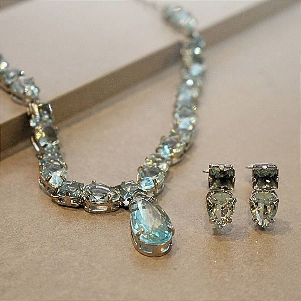 Conjunto BP com Colar de Zircônias Azul Aquamarine e Brinco de Pressão | Banho Prata | Perfeito Para Eventos