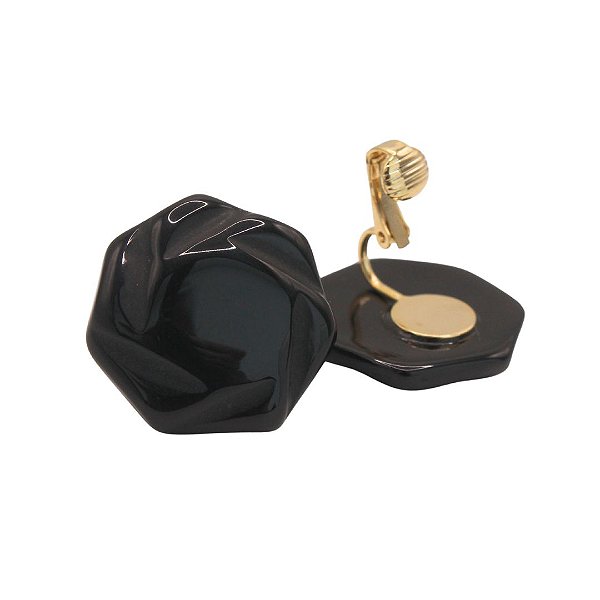 Brinco de Pressão Acrílico Cremoso Preto Facetado | Formato Hexagonal Orgânico | Clipe Francês Ajustável Ouro 18K | 2,50 cm | Coleção Mocha 2025