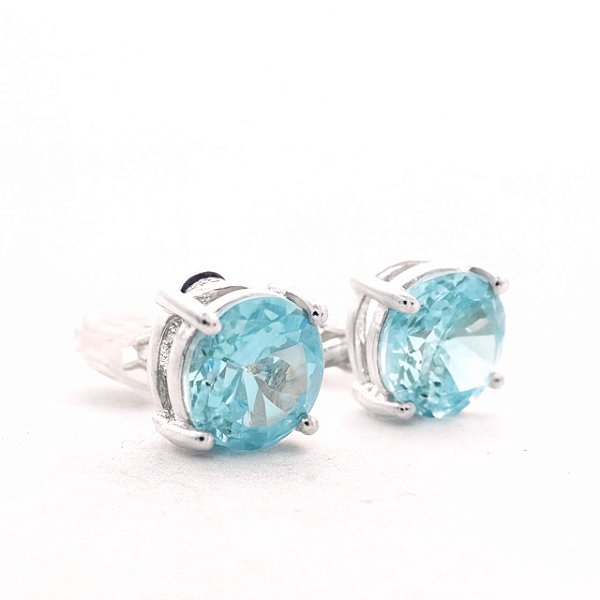 Brinco de Pressão Solitário Redondo com Zircônia na Cor Água-Marinha | Banho Ródio Branco | Clipe Confortável | 1,00 x 1,00 cm