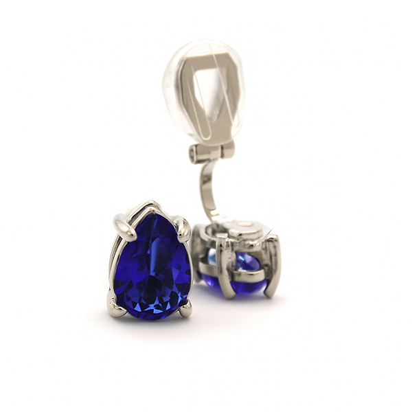 Brinco de Pressão Base Fixa com Zircônia Azul Safira | Formato Gota | Banho Ródio Branco | 1,00 x 0,70 cm