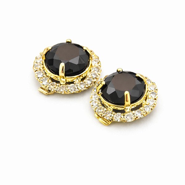 Brinco de Pressão BP com Zircônia Preta e Cristais Brancos | Banho Ouro | Clipe Retrô | 1,00 x 1,00 cm