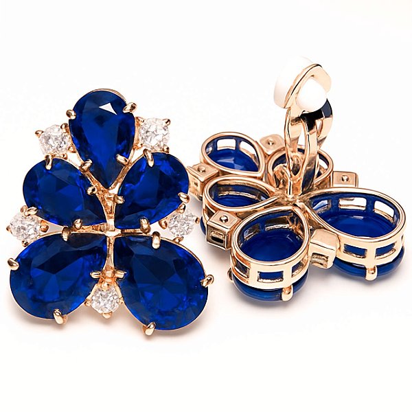 Brinco de Pressão Pretiosus Luxe com Zircônias Azul Safira | Formato Gota | Banho Ouro 18K | Clipe Retrô | 3,00 x 2,50 cm