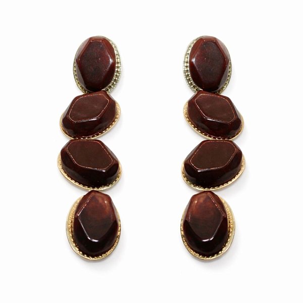 Brinco de Pressão Longo Ânima em Resina Marrom Âmbar com Metal Banhado | Clipe Francês | 9 cm