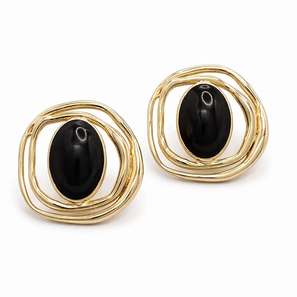 Brinco de Pressão Ânima em Metal Banhado com Oval Pintado à Mão em Preto | Clipe Francês | 4,5 cm