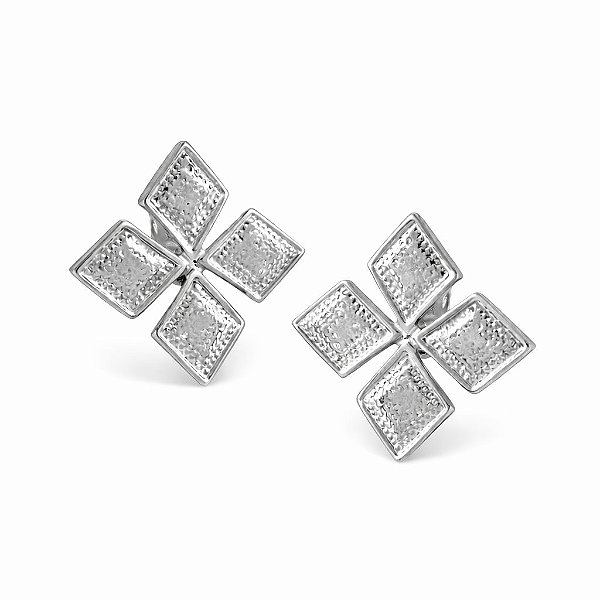 Brinco de Pressão Geométrico com Textura | Metal Banhado a Prata | Clipe Retrô | 3,00 x 3,00 cm | Estilo Sofisticado Sem Furo