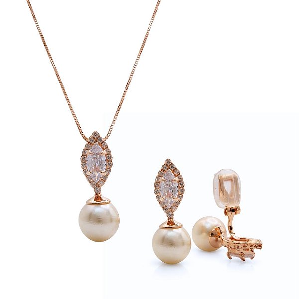 Conjunto de Brinco de Pressão e Colar com Zircônia Navete e Pérola Champanhe | Banho Ouro 18K | Clipe Ômega com Almofadinha | Corrente Veneziana 45 cm