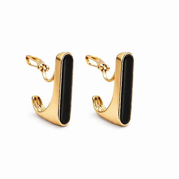 Brinco de Pressão Barra Preta Minimalista | Metal Banhado a Ouro 18K | Clipe Ômega Francês com Almofadinha | 2,00 x 0,50 cm | 6g